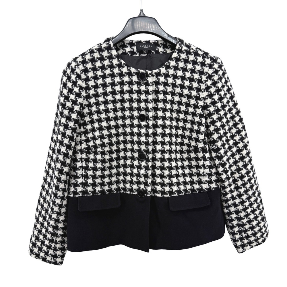 Talbots Houndstooth Jacket Womens 16P Pre-Owned Blazer Black White Wool Blend
